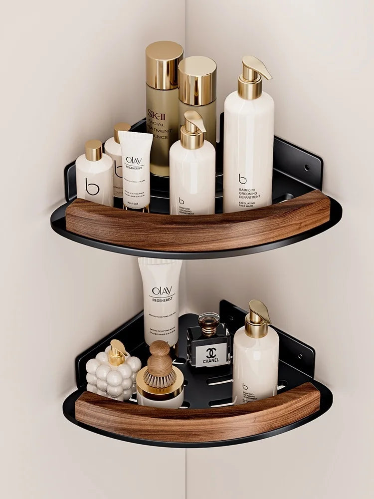 étagère d’angle murale en bois pour salle de bain