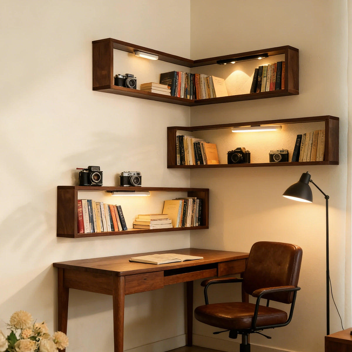 bibliothèque étagère murale double en bois rétro