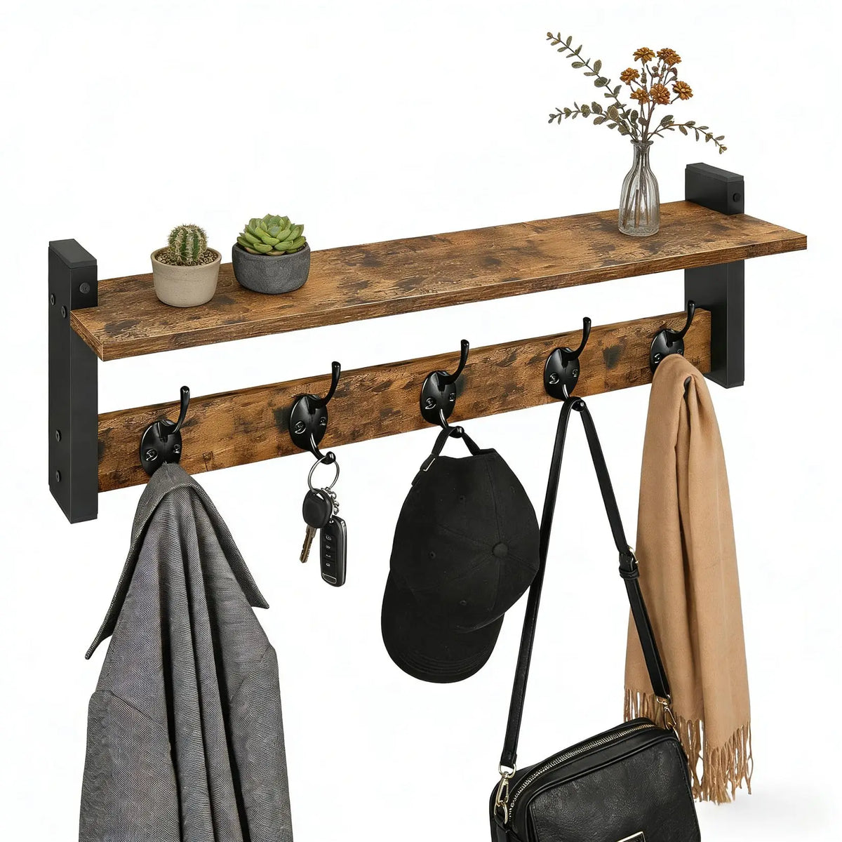 porte-manteau mural en bois avec étagère