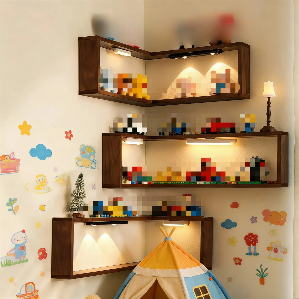 bibliothèque étagère murale double en bois rétro
