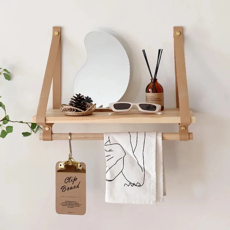 étagère murale bois et cuir
