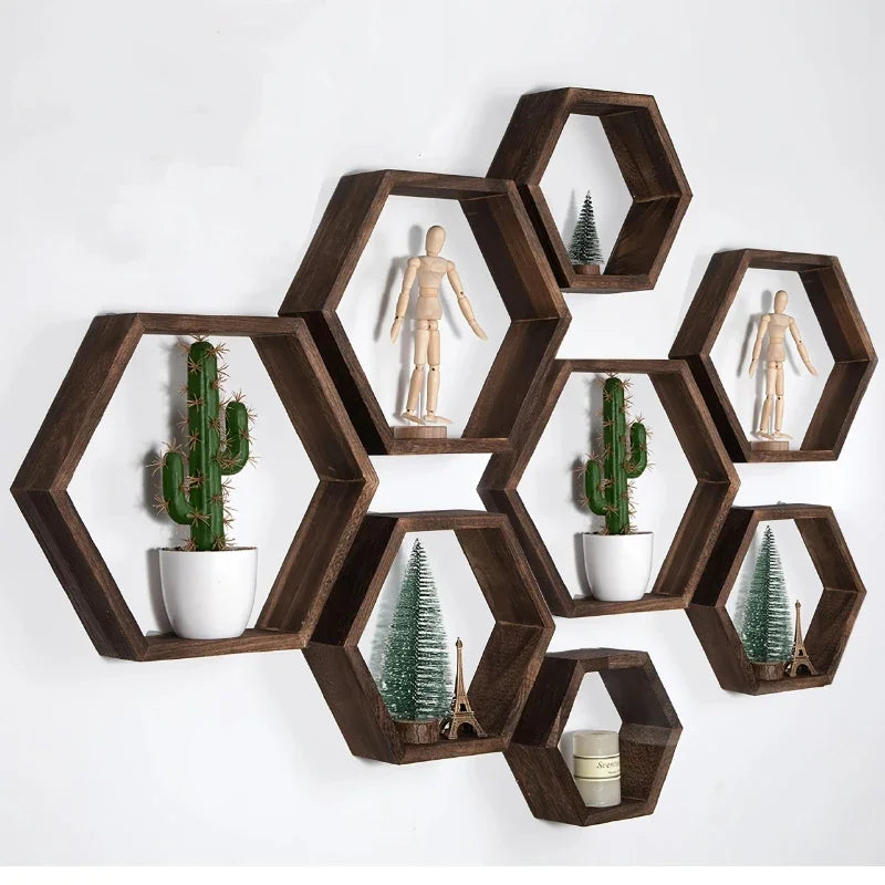 étagère murale hexagonale bois